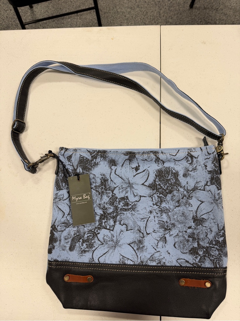Myra Bag Light Blue Floral Canvas Crossbody with Brown Leather Trim